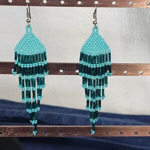Turquoise Handmade Beaded Chandelier Shepard's Hook Earrings for Pierced Ears